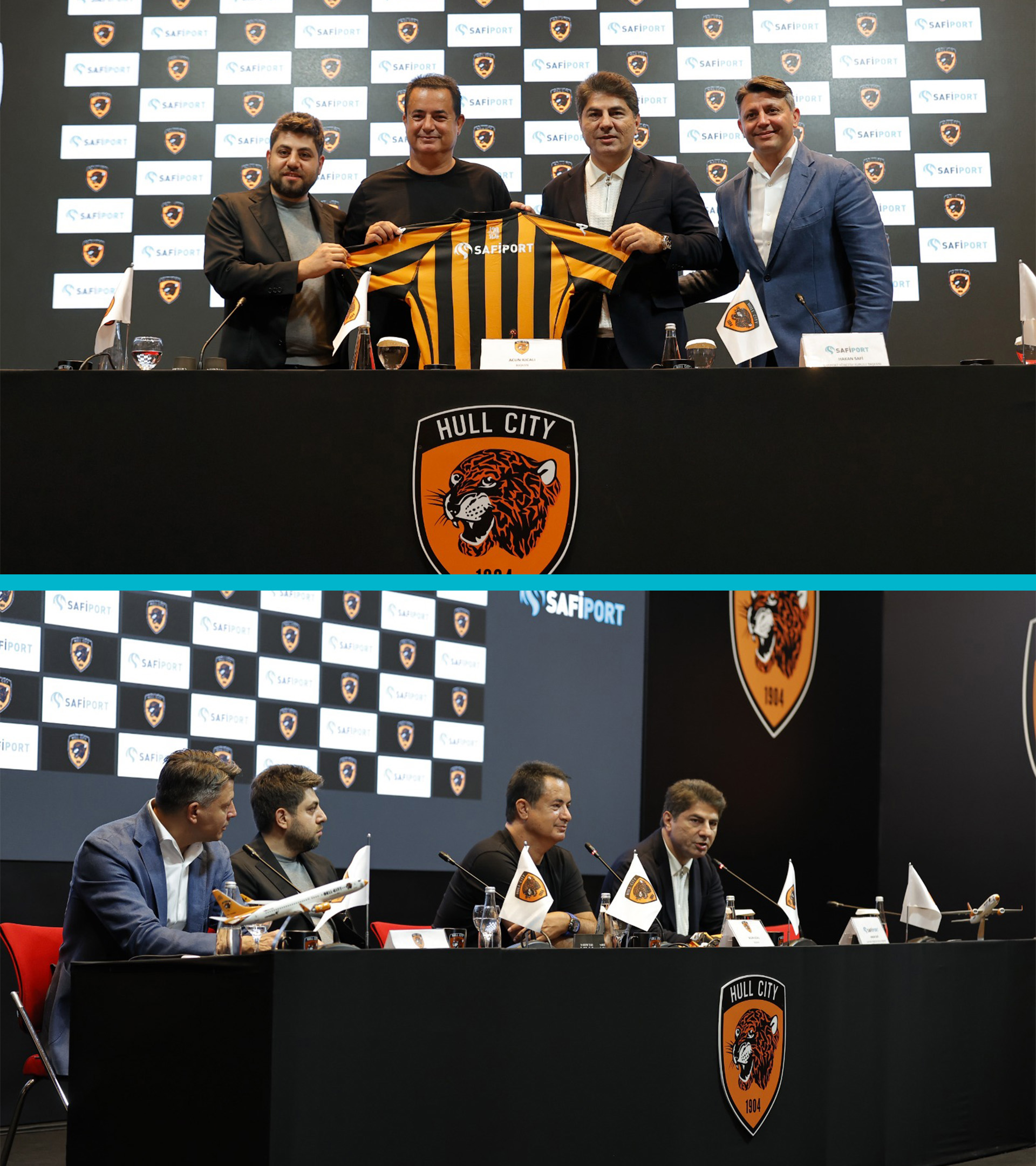 Safiport, the supporter of sports and athletes, became the back jersey sponsor of the Championship team Hull City, one of the well-established clubs of England. The sponsorship agreement was announced at a press conference on behalf of Safiport, attended by Safi Holding Chairman of the Board Mr. M. Hakan Safi and Board Member Mr. Said Safi, Hull City President Mr. Acun Ilıcalı and Vice President Mr. Tan Kesler.