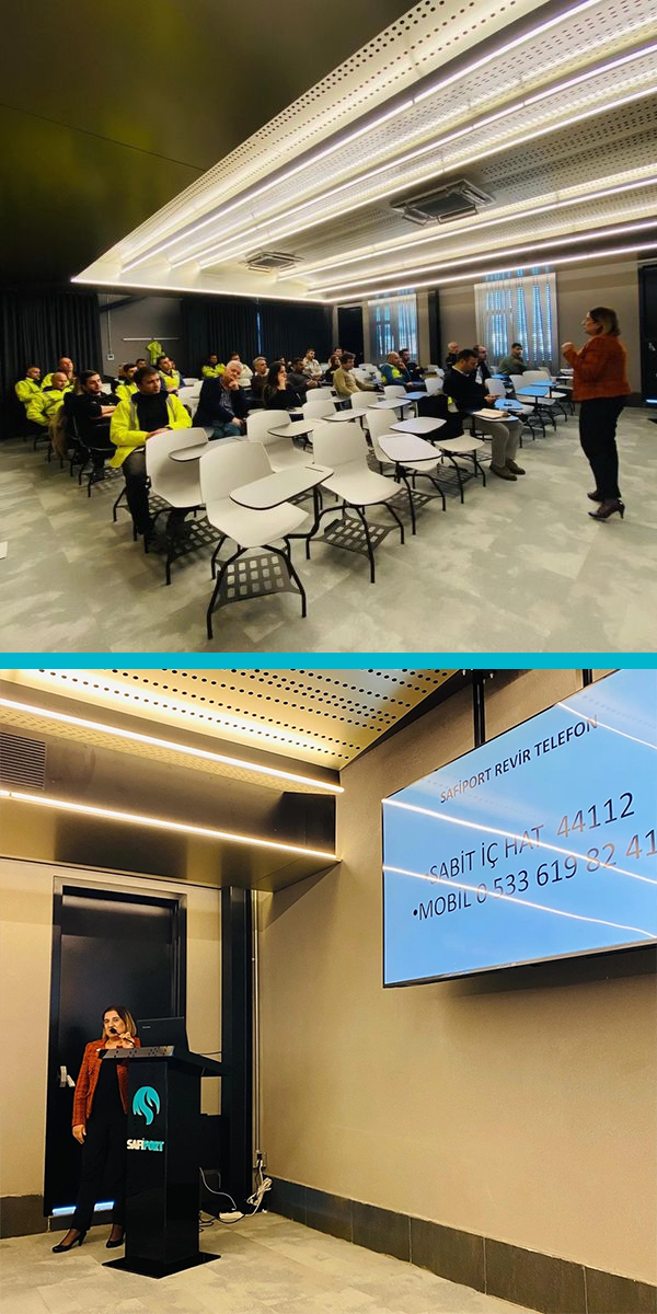 Our first lesson was held in our training hall, which was specially designed to carry out our training activities more efficiently. In the training on Occupational Health and Safety, the measures to be taken to prevent possible accidents that may occur in our port and the rules to be followed were discussed.